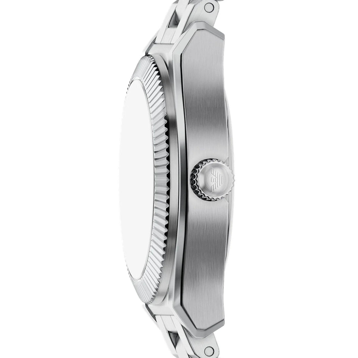 Steel watch case side view with crown detail and brushed finish