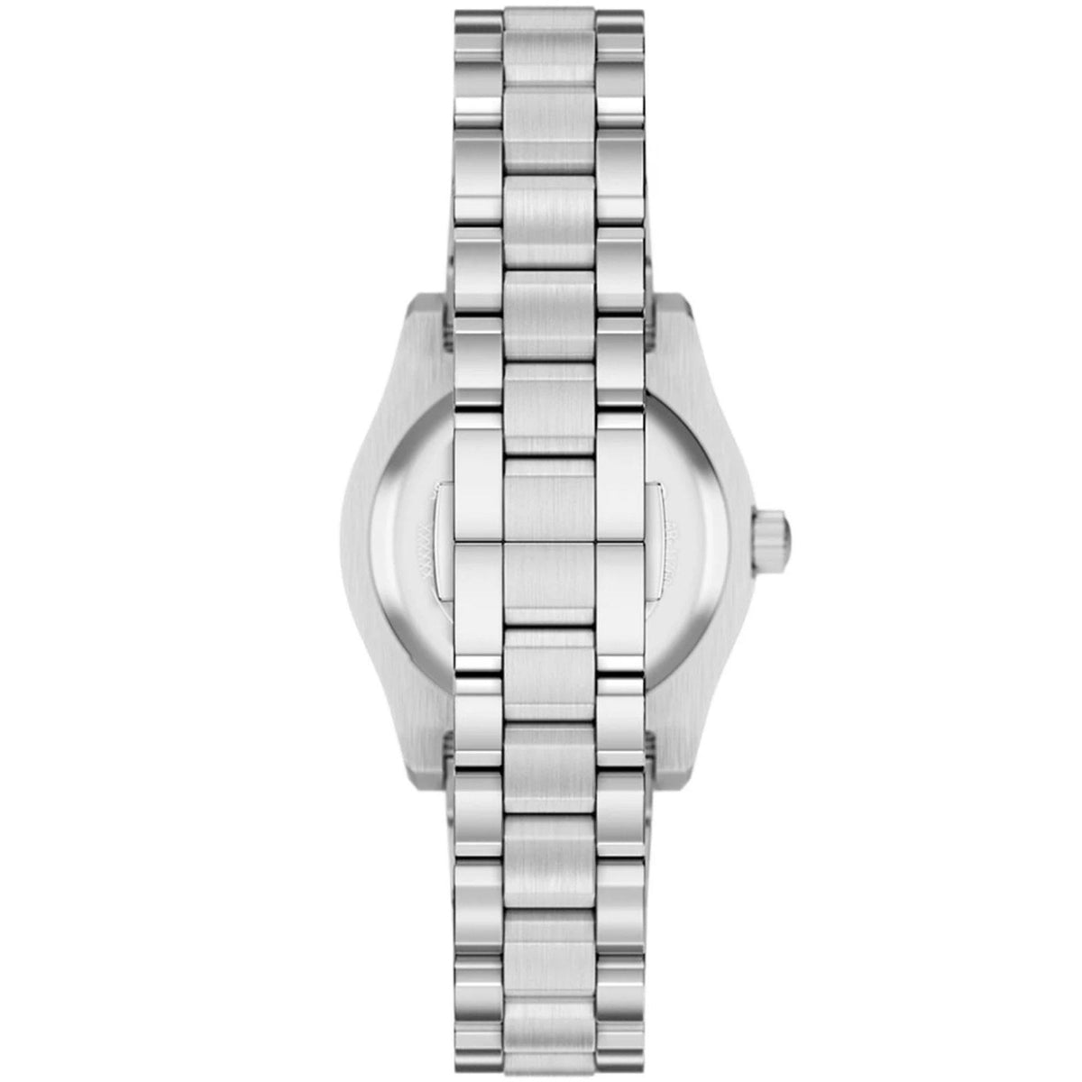 Steel bracelet wristwatch angled view with closed case and crown
