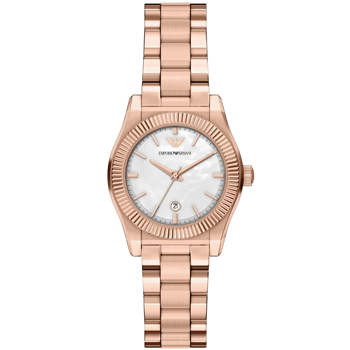 Emporio Armani Federica AR11762 ladies quartz watch with a white dial, fluted bezel, date aperture at 6 o'clock, baton index markers, and a rose gold-tone steel bracelet