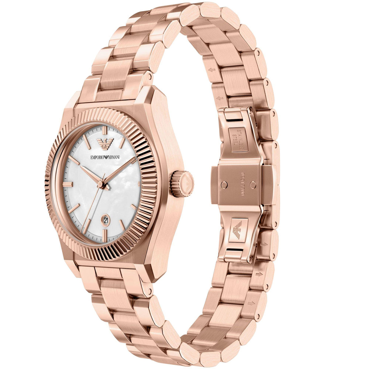 Angled perspective of the Emporio Armani Federica AR11762 wristwatch showing the fluted outer ring, rose gold-tone deployment clasp, and eagle logo crown