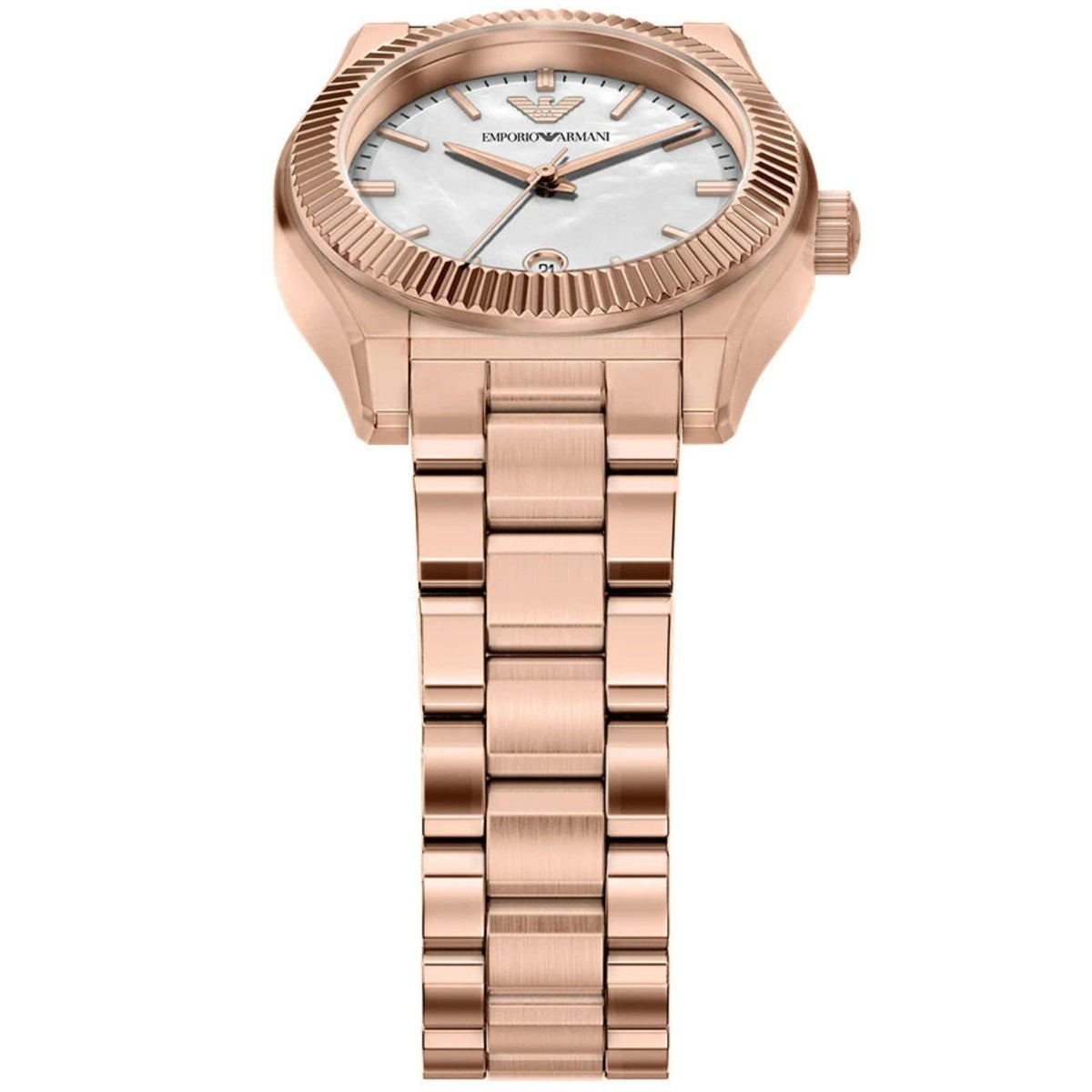 Slightly tilted front view of the Emporio Armani Federica AR11762 watch highlighting the white dial texture, fluted bezel ring, and rose gold-tone metal bracelet links
