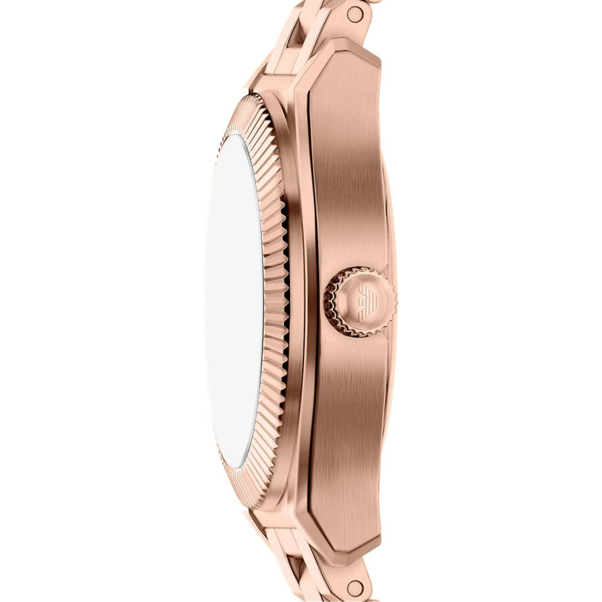 Side profile view of the Emporio Armani Federica AR11762 watch case showcasing the brushed rose gold-tone finish and fluted bezel edge