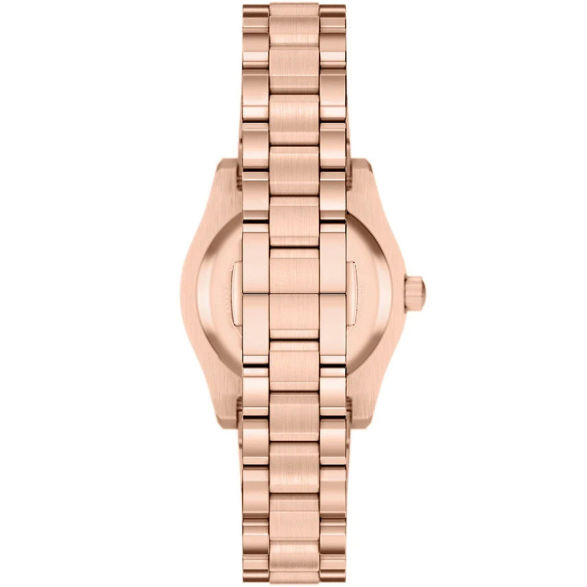 Direct rear view of the Emporio Armani Federica AR11762 watch showcasing the rose gold-tone steel bracelet links and butterfly clasp closure
