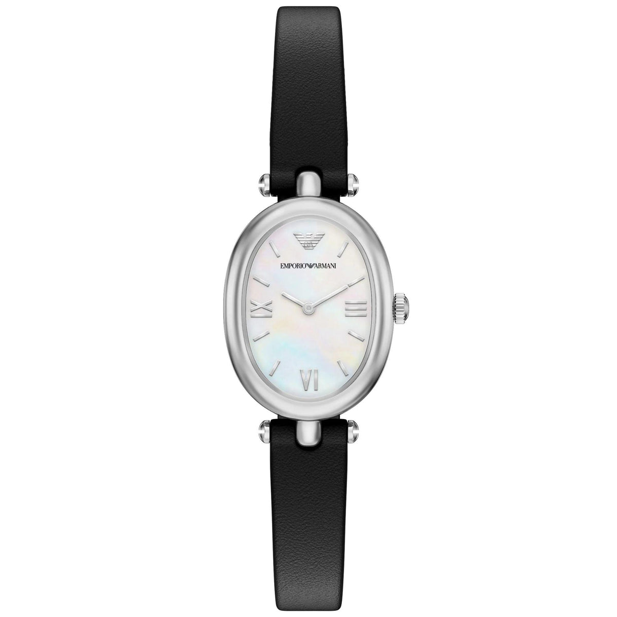 Emporio Armani Sinfonia AR11778 ladies watch featuring an oval white mother of pearl dial, silver Roman numerals, steel case, and slender black leather strap