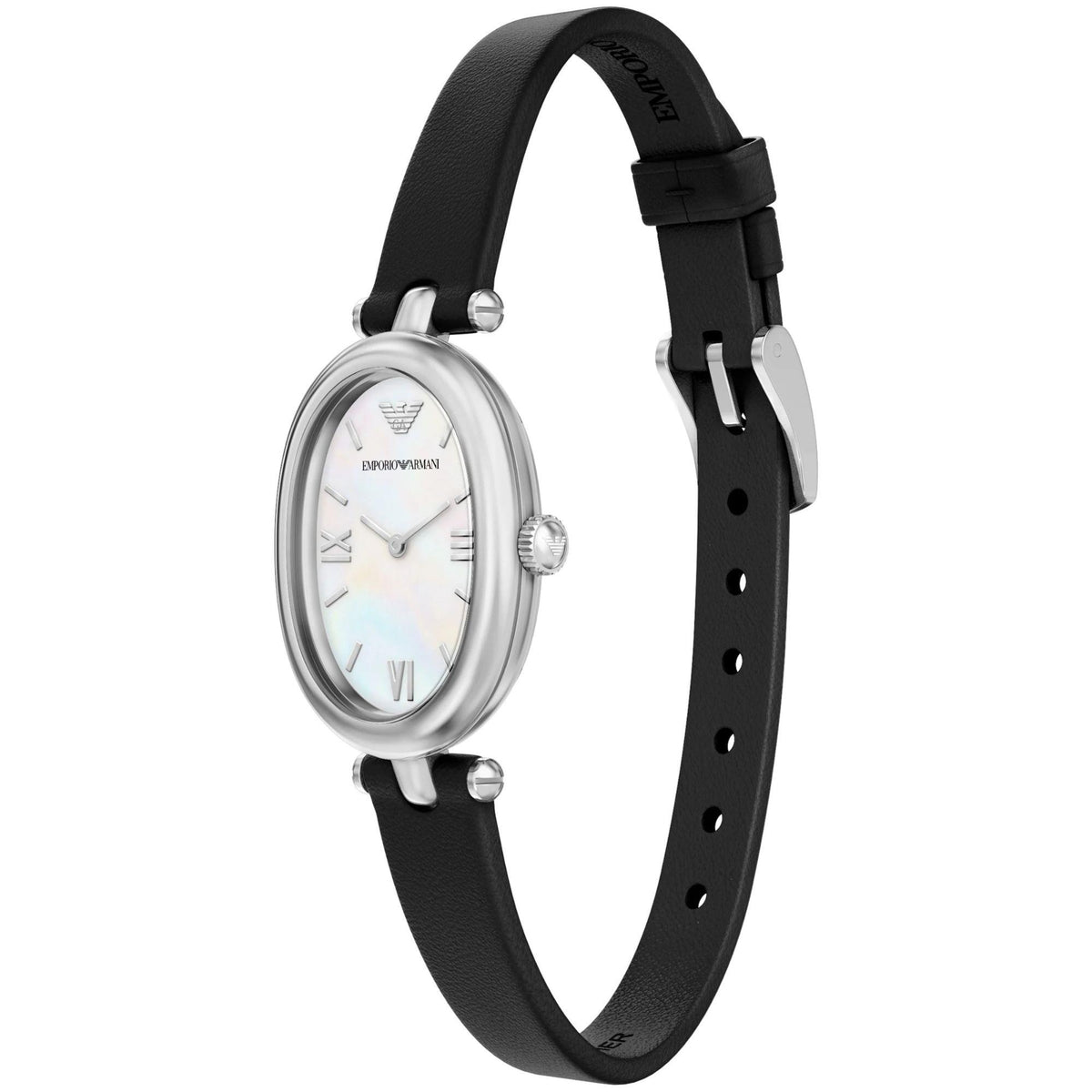 Angled view of the Emporio Armani Sinfonia AR11778 wrist watch showcasing the oval steel bezel, white mother of pearl finish, and pin-buckle leather strap