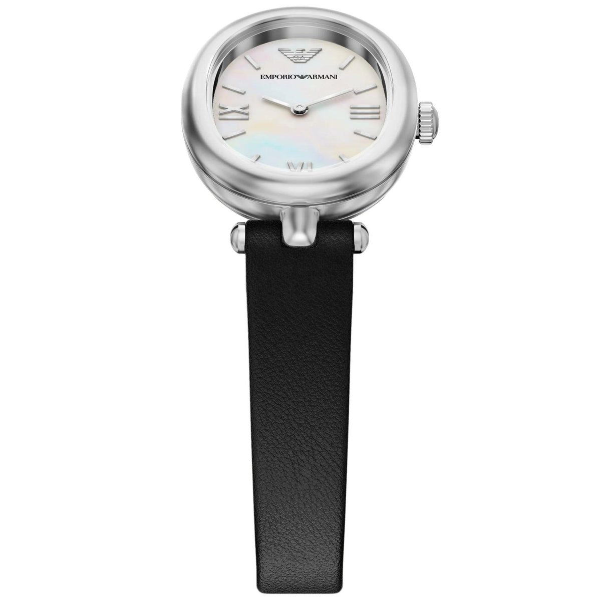 Tilted front view of the Emporio Armani Sinfonia AR11778 timepiece detailing the smooth oval case, white mother of pearl dial surface, and T-bar lug connections