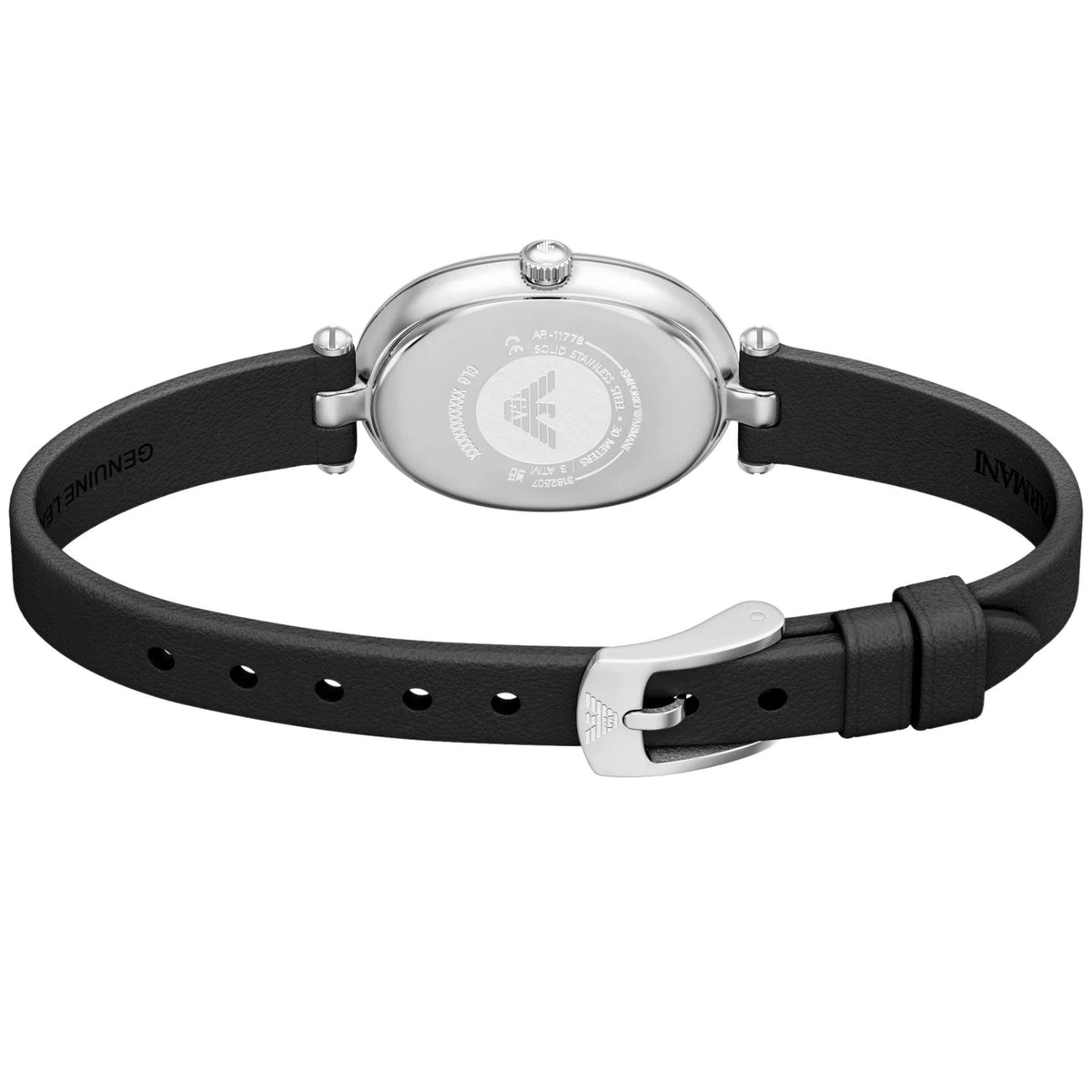 Back view of the Emporio Armani Sinfonia AR11778 watch showing the etched logo case back and open black leather strap layout