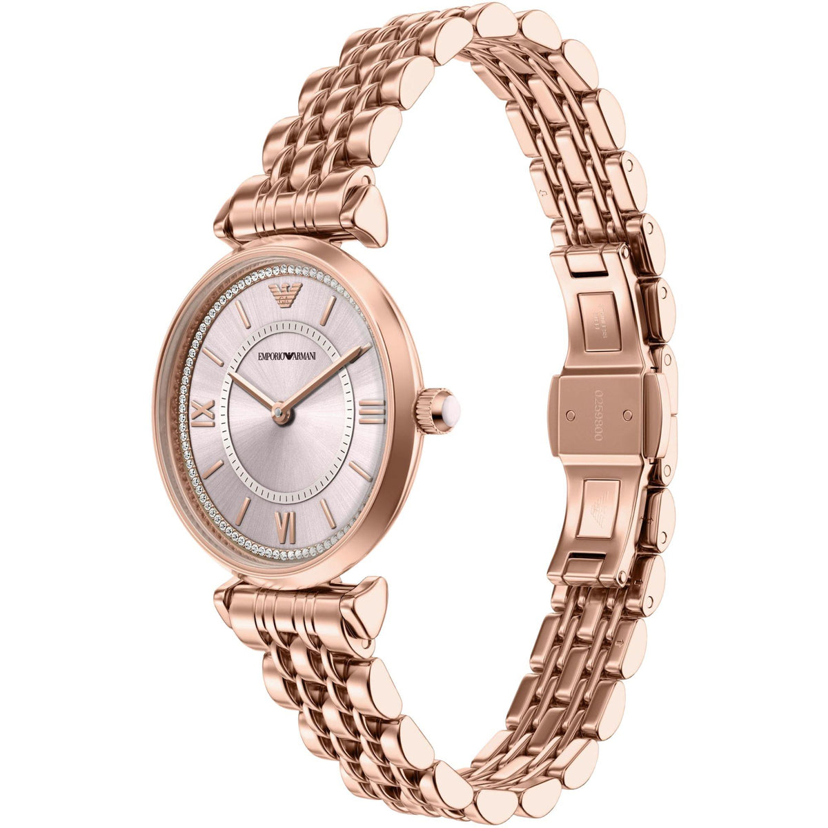 Angled view of the Emporio Armani Gianni AR11767 wristwatch showcasing the light pink dial layout, crystal inner ring, winding crown, and rose gold-tone multi-link bracelet with folding clasp