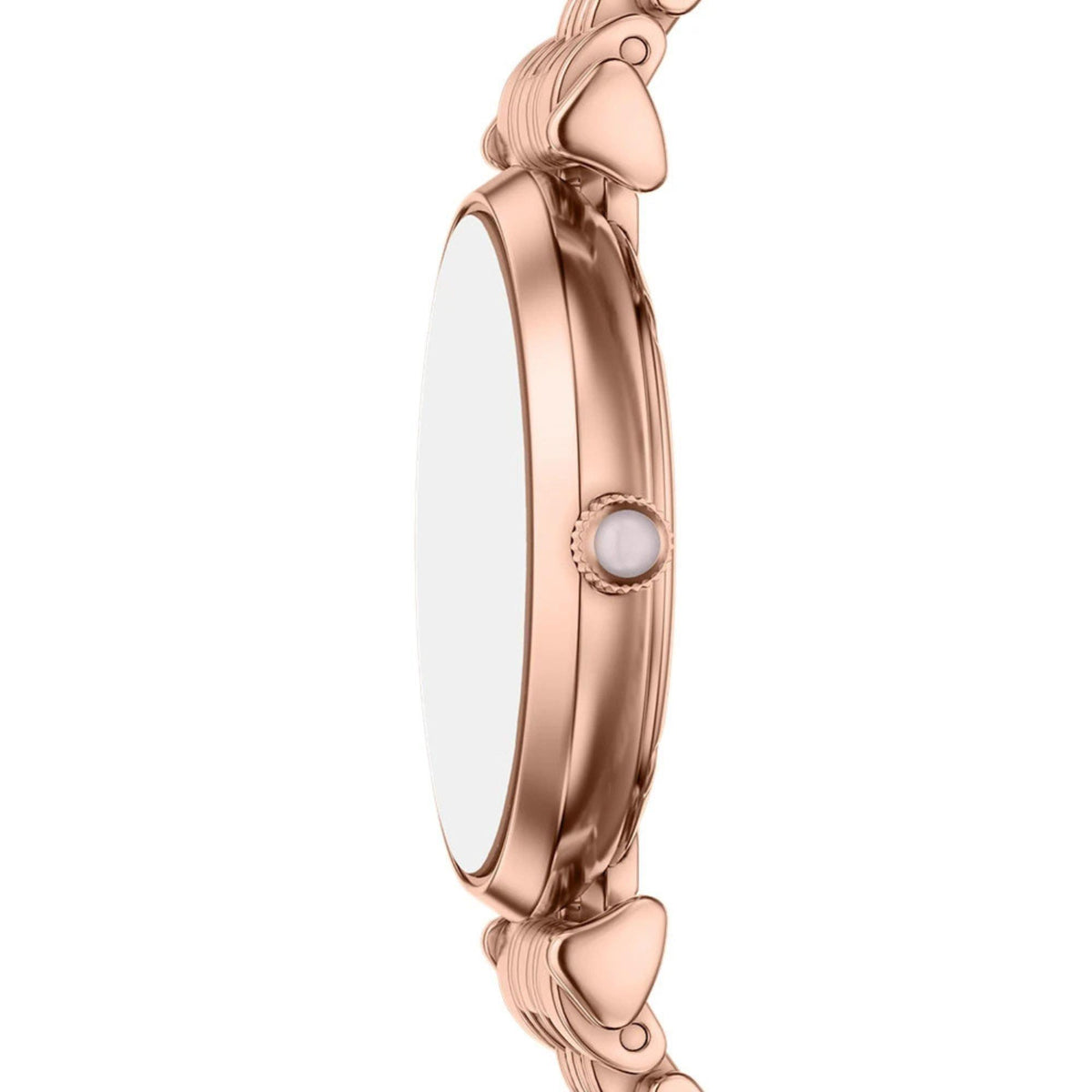 Side view of the Emporio Armani Gianni AR11767 watch case highlighting the slim rose gold-tone profile and cabochon-topped crown detail