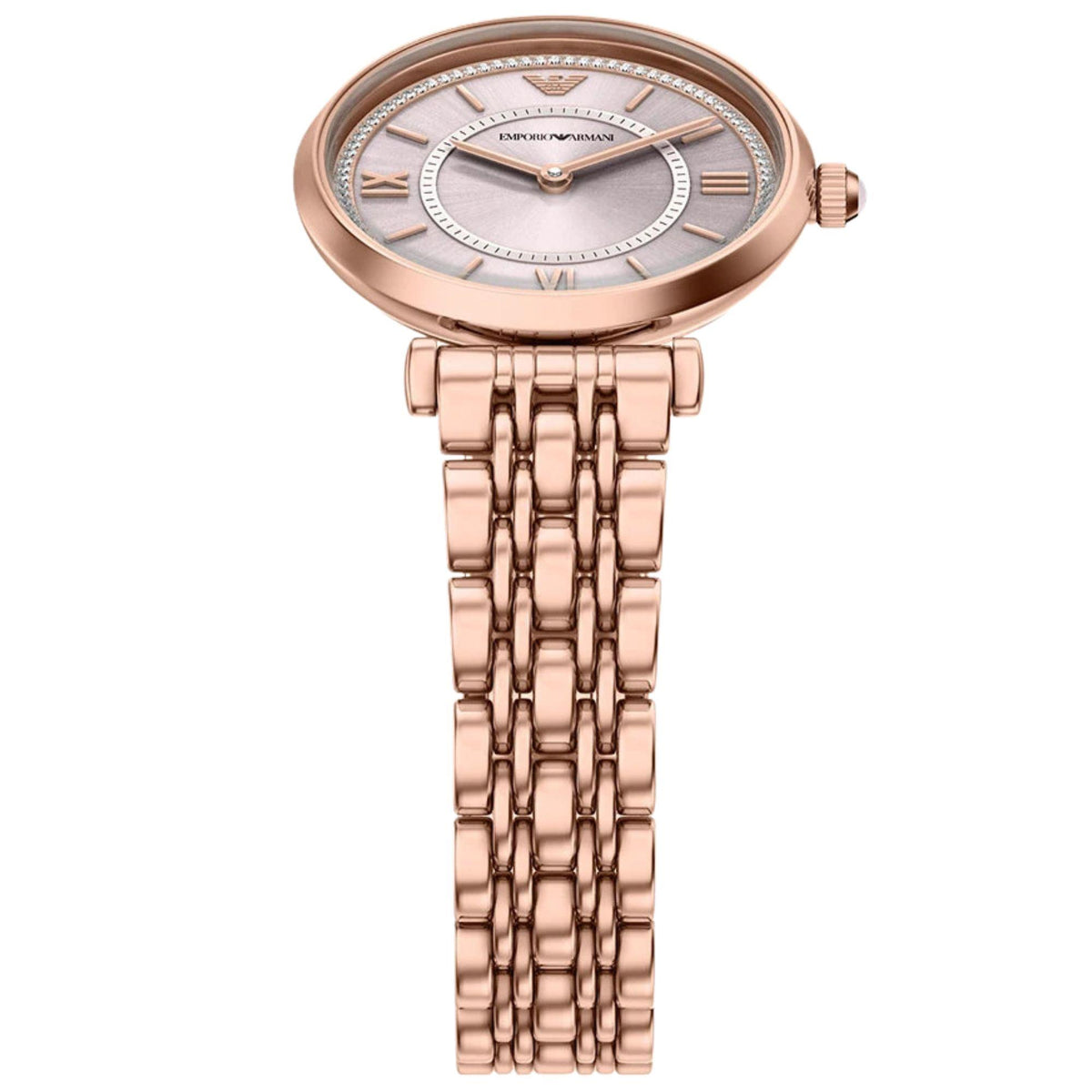 Slightly angled front view of the Emporio Armani Gianni AR11767 timepiece showcasing the circular light pink dial and rose gold-tone steel bracelet connections