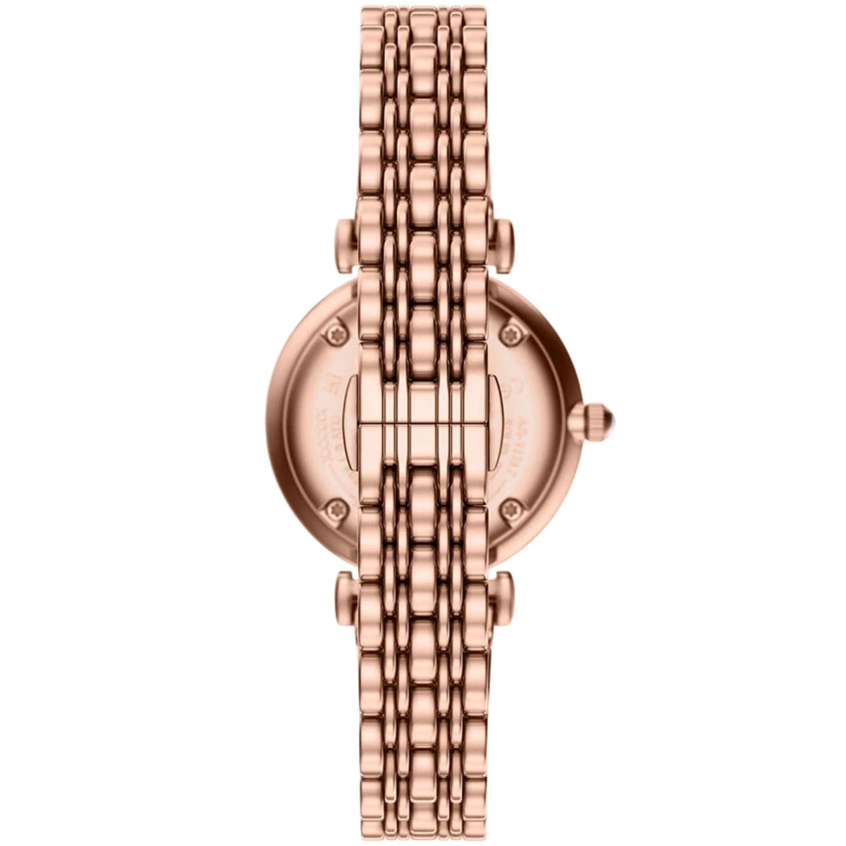 Direct view of the Emporio Armani Gianni AR11767 watch case back and closed rose gold-tone multi-link bracelet clasp