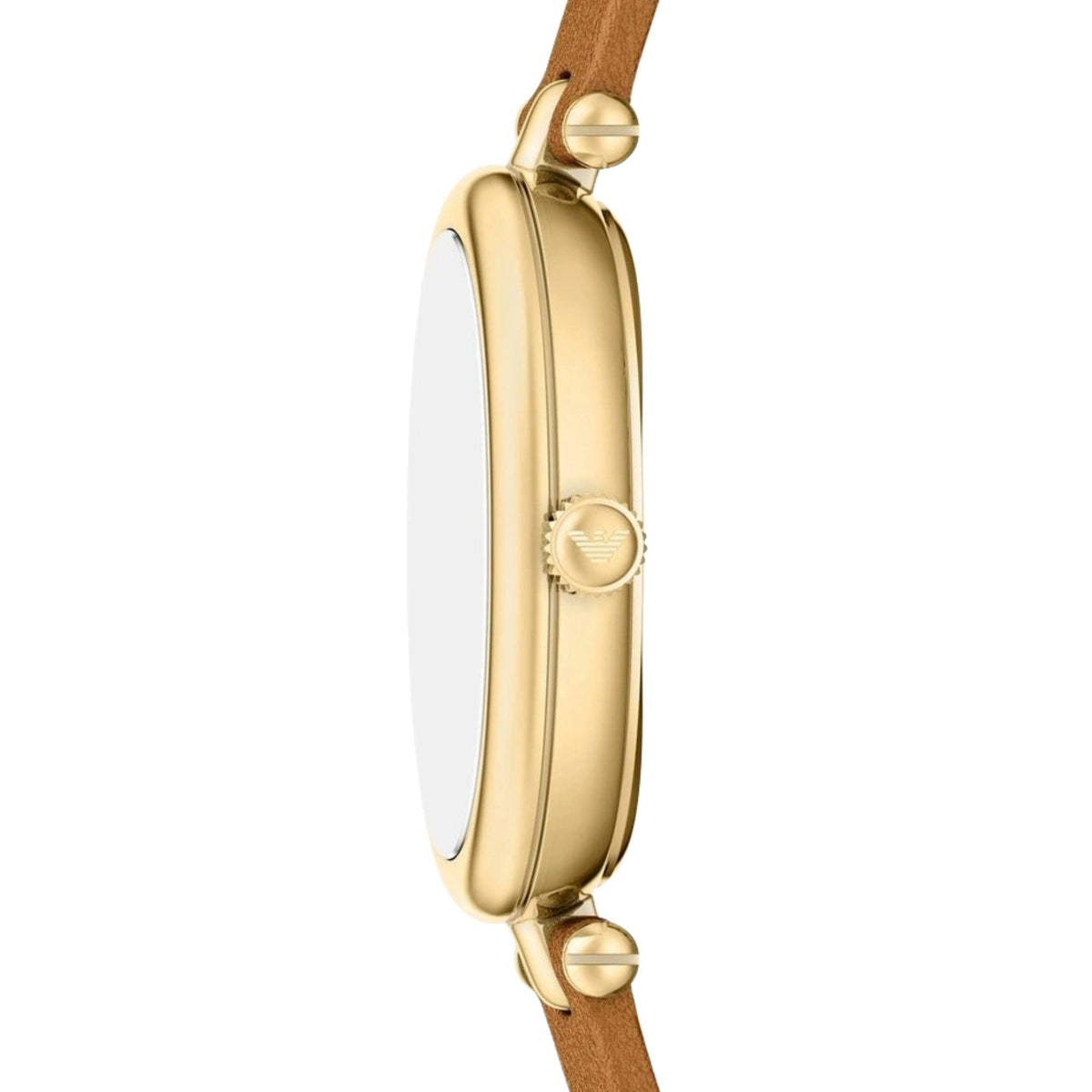 Side profile view of the Emporio Armani Sinfonia AR11780 watch displaying the thin gold-tone case design and branded crown
