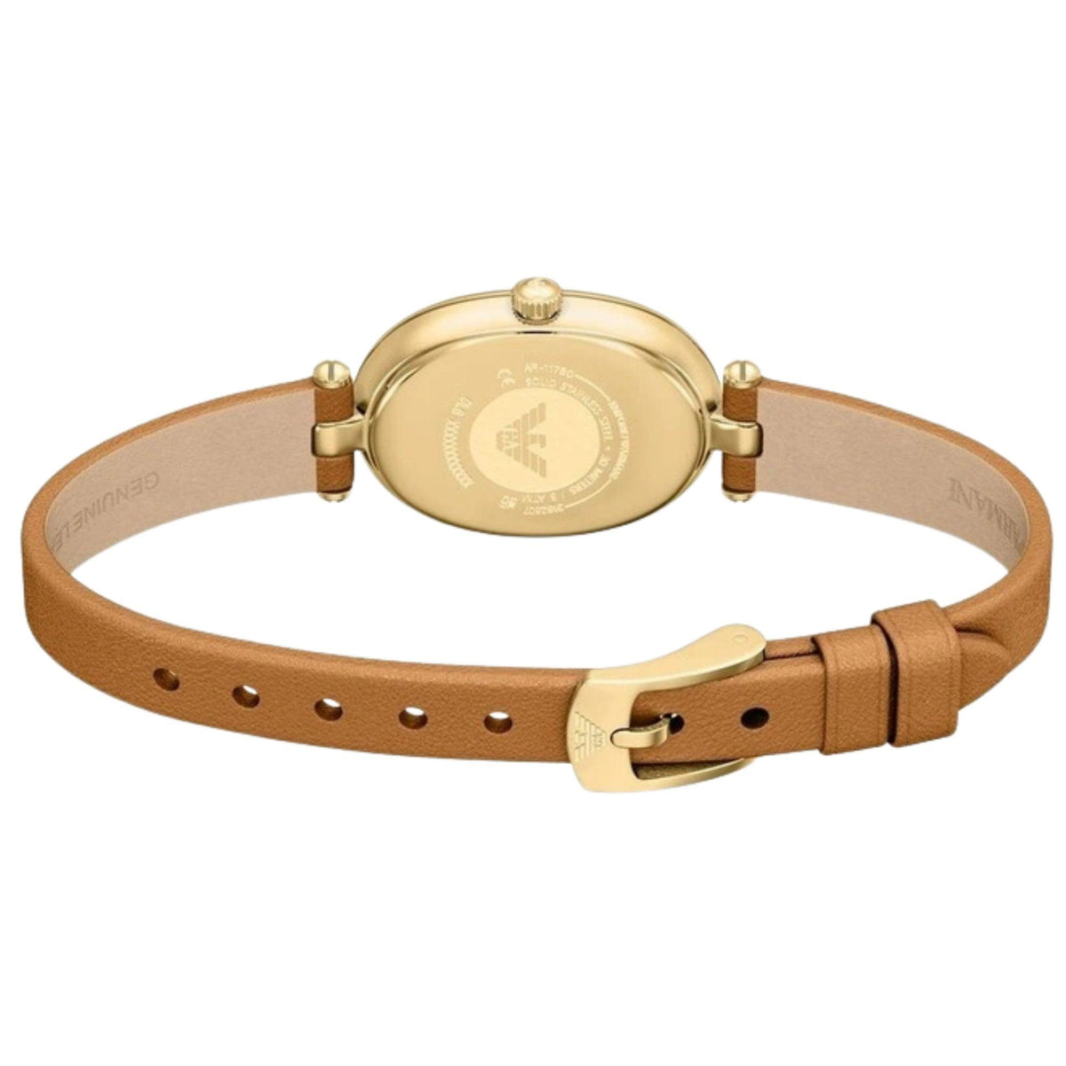 Back view of the Emporio Armani Sinfonia AR11780 watch showing the engraved logo case back and open tan leather strap layout