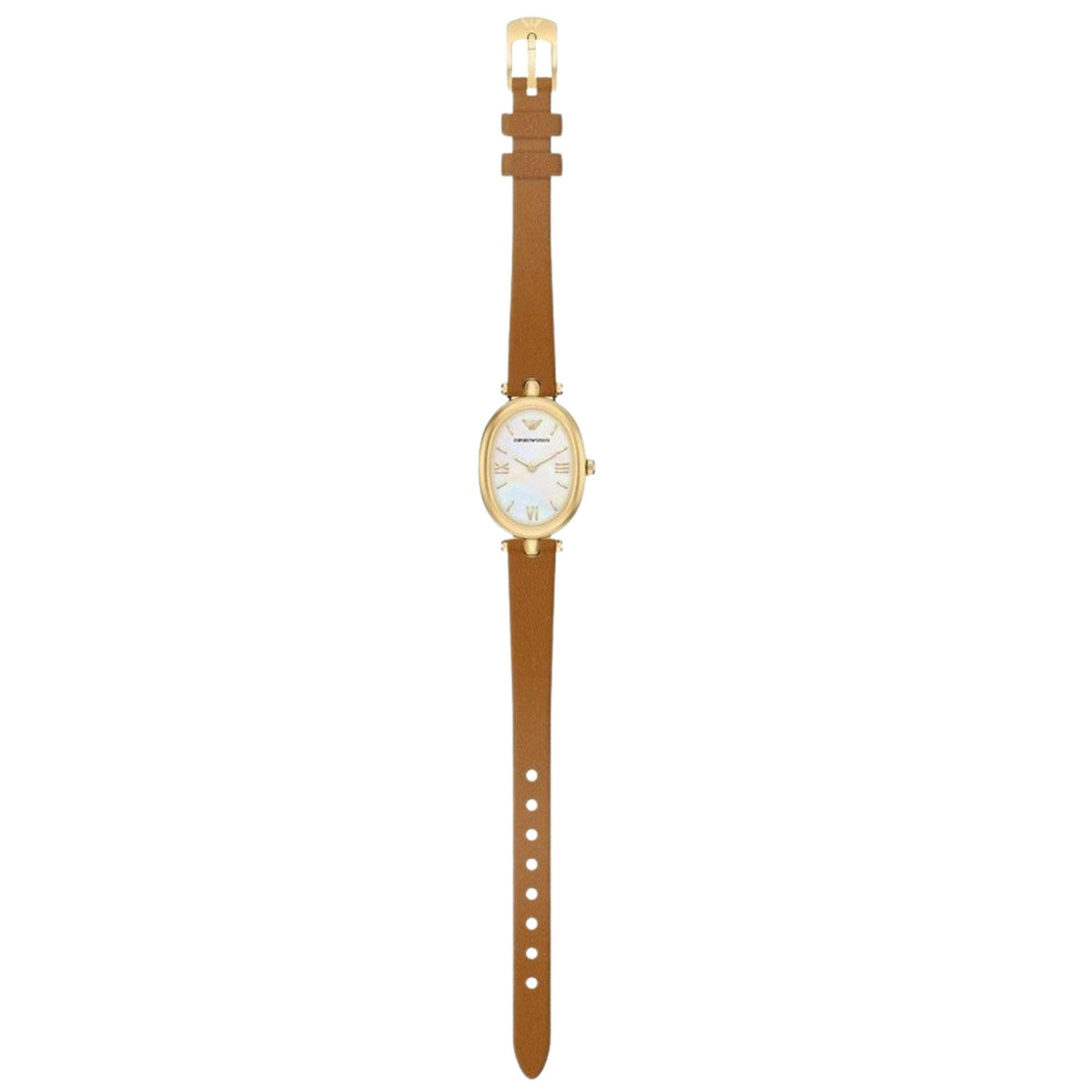 Full-length overhead layout of the Emporio Armani Sinfonia AR11780 timepiece displaying the complete tan leather band and oval gold-tone head