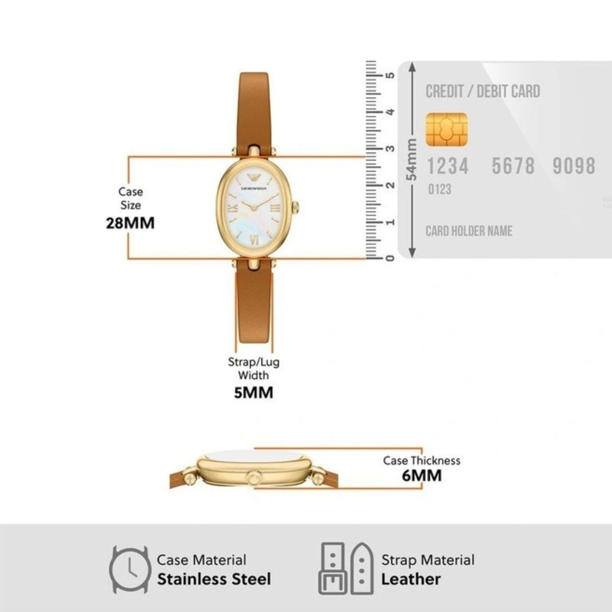 Size specification diagram for the Emporio Armani Sinfonia AR11780 watch detailing the 28mm case, 6mm thickness, and 5mm strap width