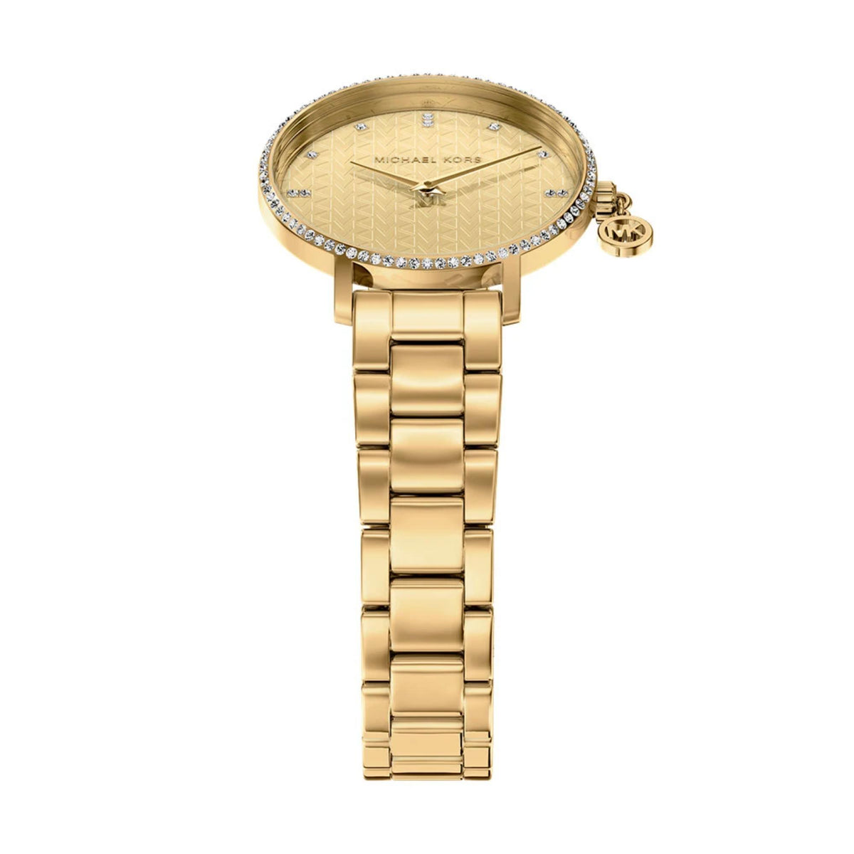 Michael Kors Pyper MK7572 angled view showcasing the gold dial with crystal hour markers and polished gold-tone steel bracelet