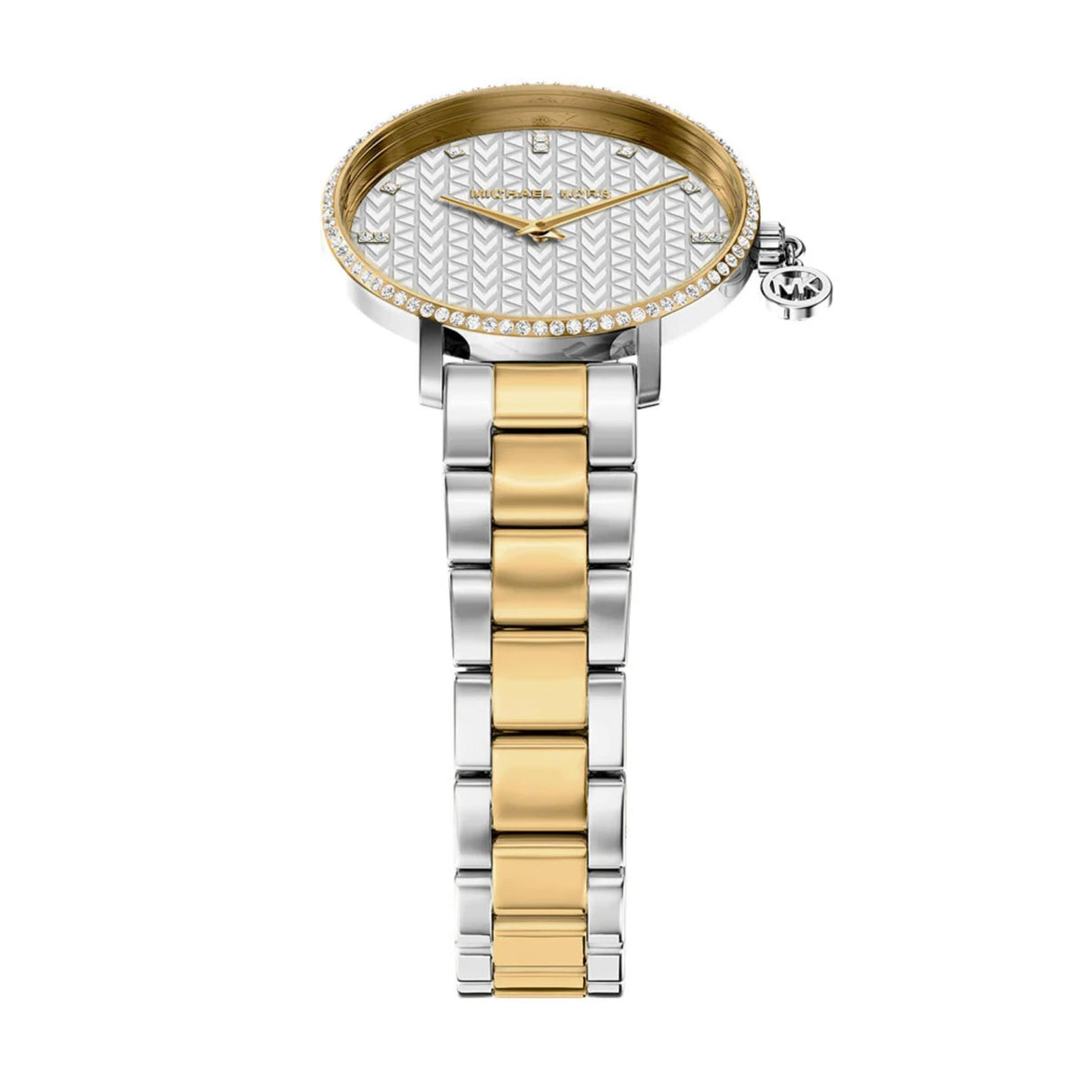 Two-tone steel ladies watch with silver textured dial, gold markers, and sparkling rhinestone bezel.