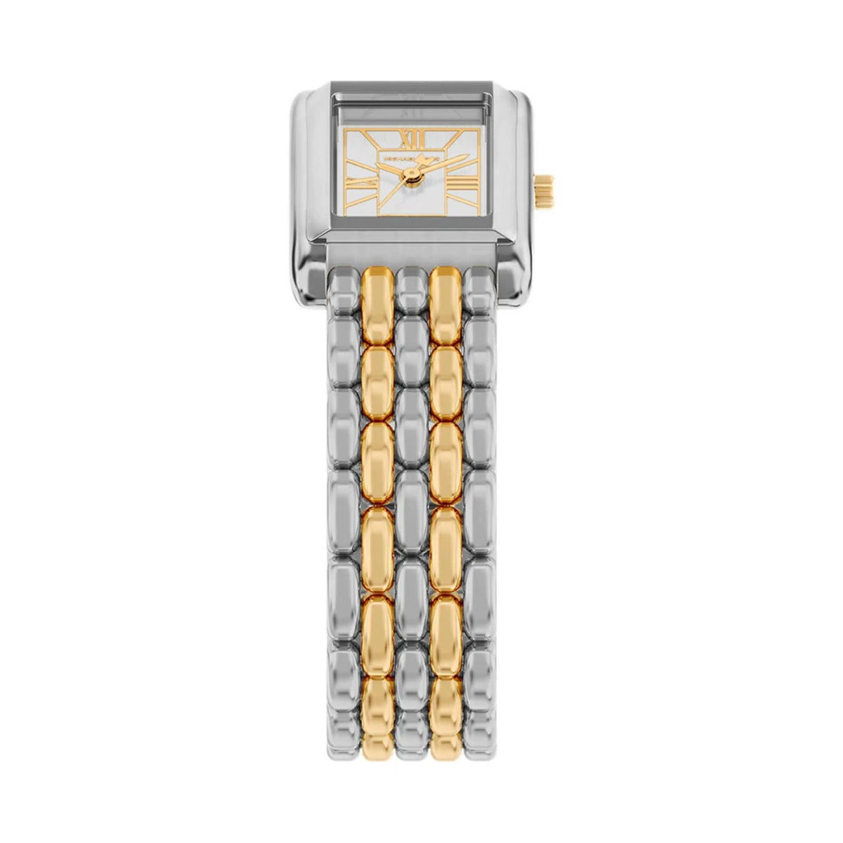Michael Kors Petite MK4999 top-down view highlighting the rectangular white dial with gold hour markers and two-tone steel bracelet