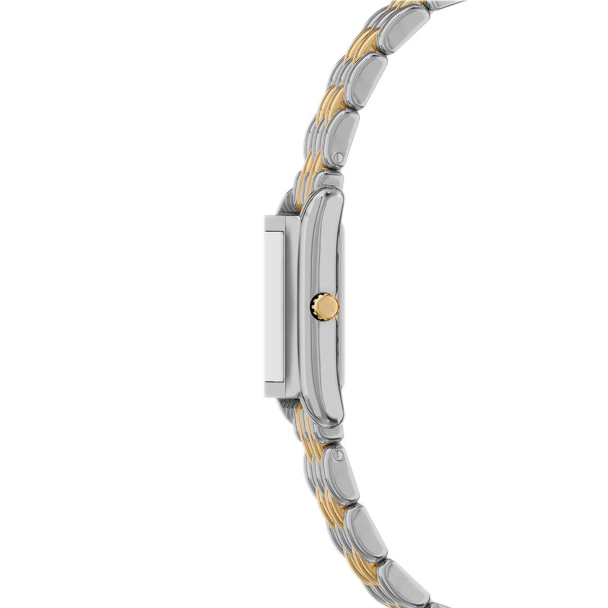 Michael Kors Petite MK4999 side profile view showcasing the slim rectangular case, gold-tone crown, and bracelet links