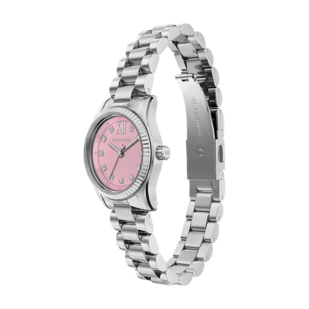 Michael Kors Petite Lexington watch with pink pavé dial and silver steel bracelet