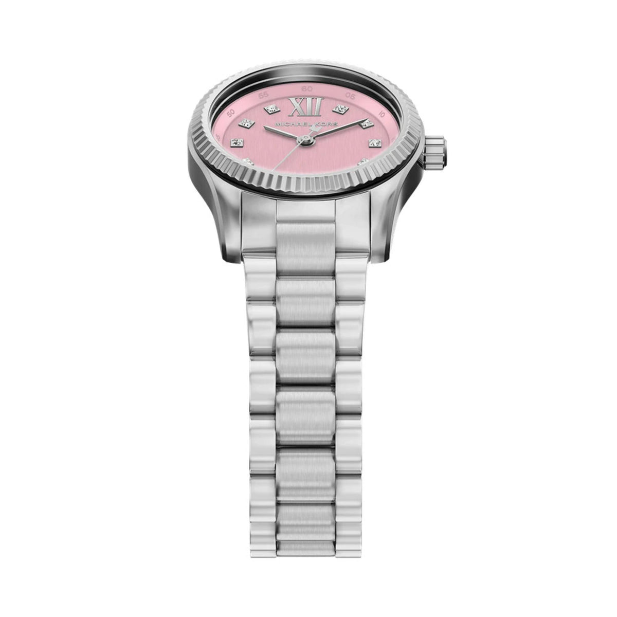 Women’s steel wristwatch with pink dial, Roman numerals, and link bracelet