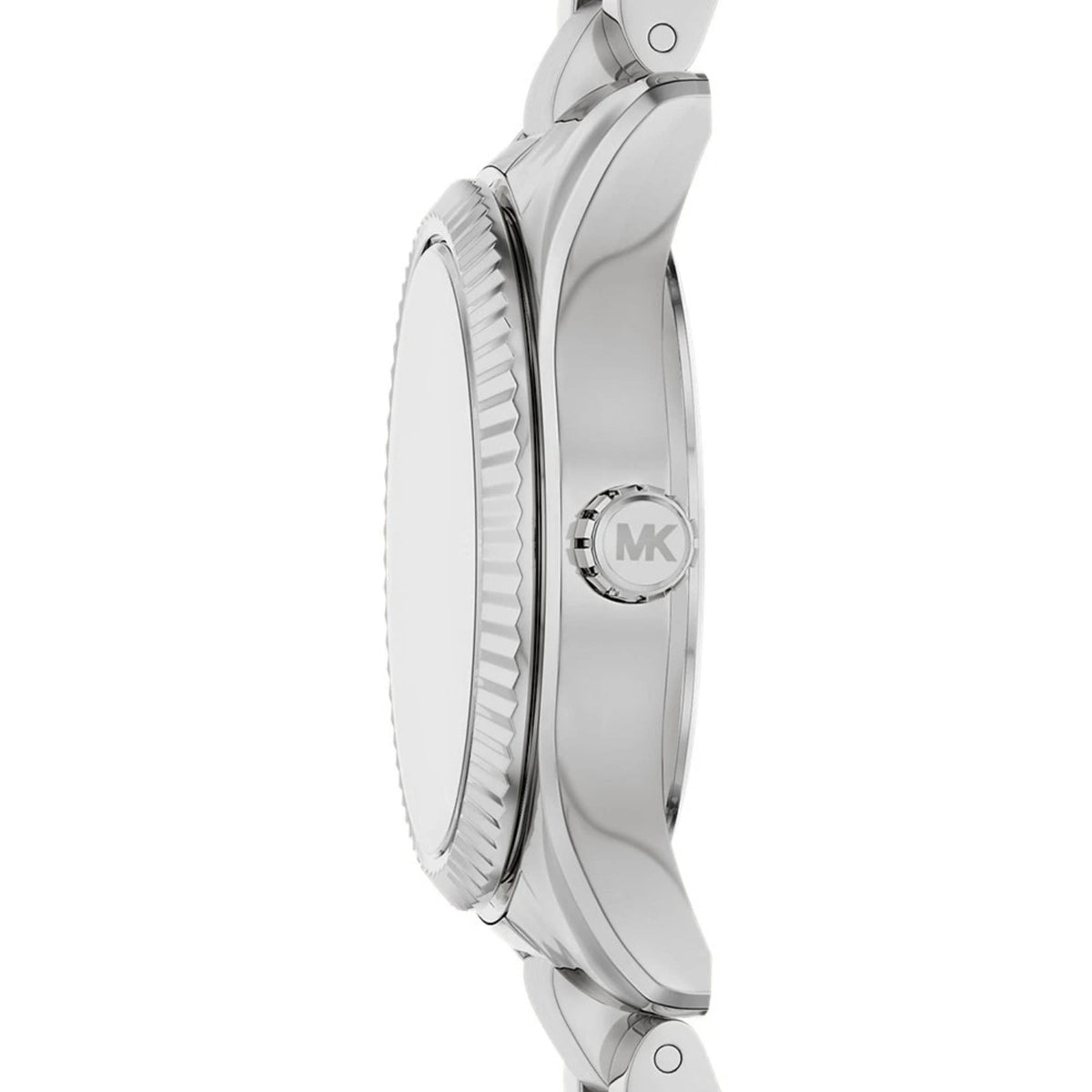 Women’s steel wristwatch case side view with crown and polished bezel