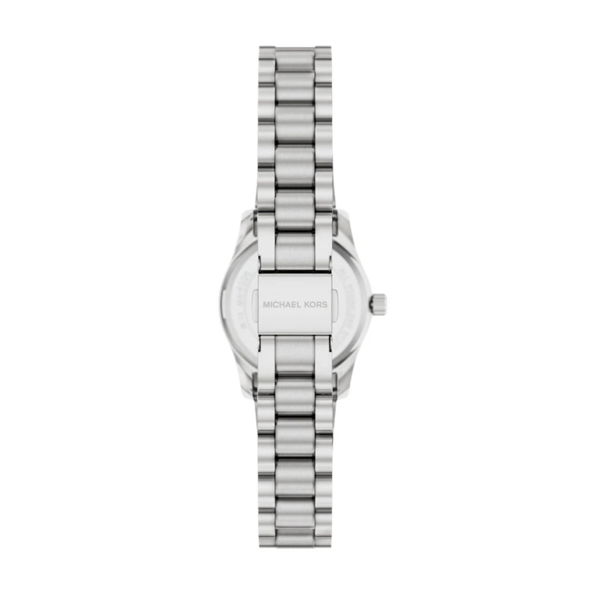 Women’s steel wristwatch side view on link bracelet, crown visible