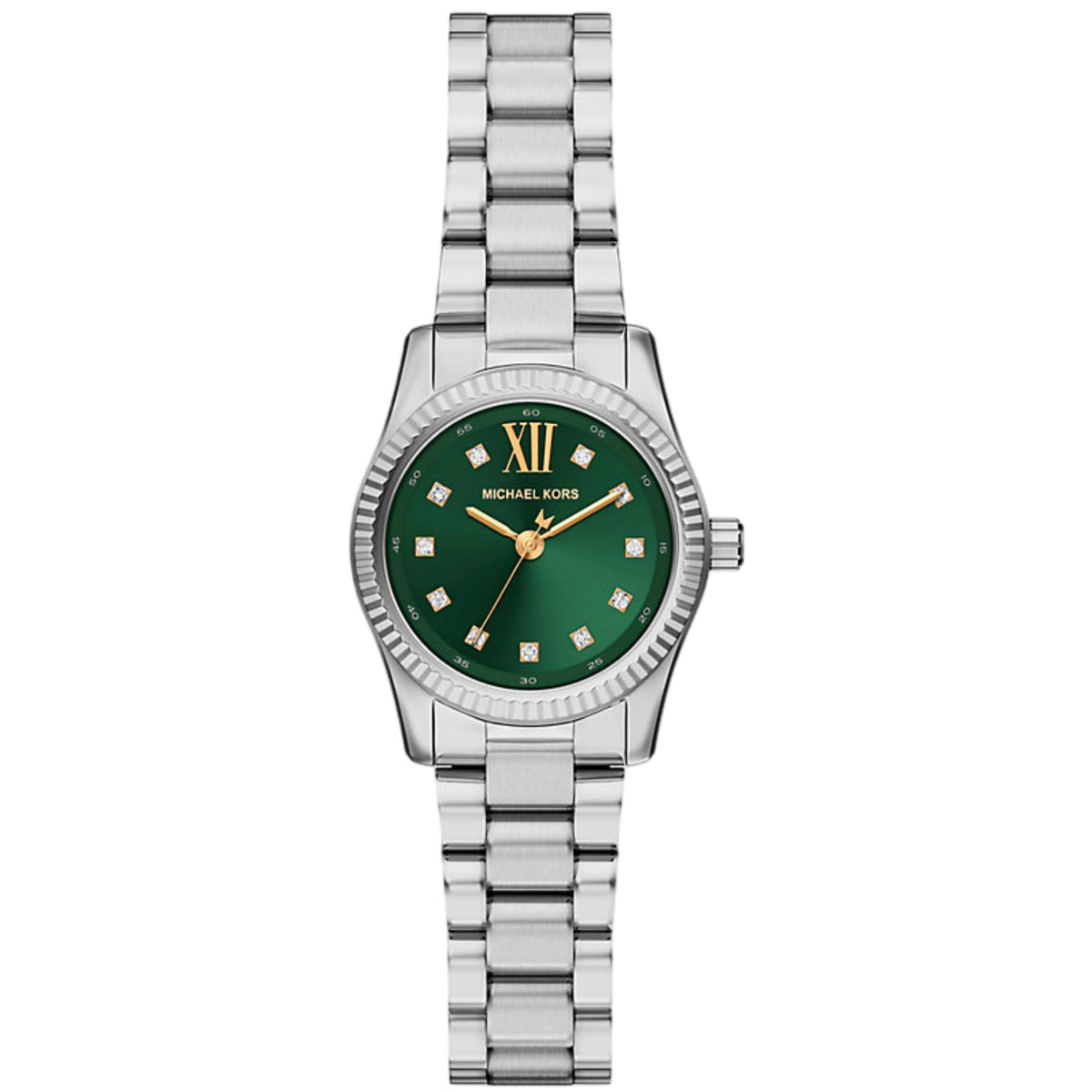 Michael Kors Lexington MK7580 womens watch front view showing a green dial, fluted bezel, and stainless steel bracelet
