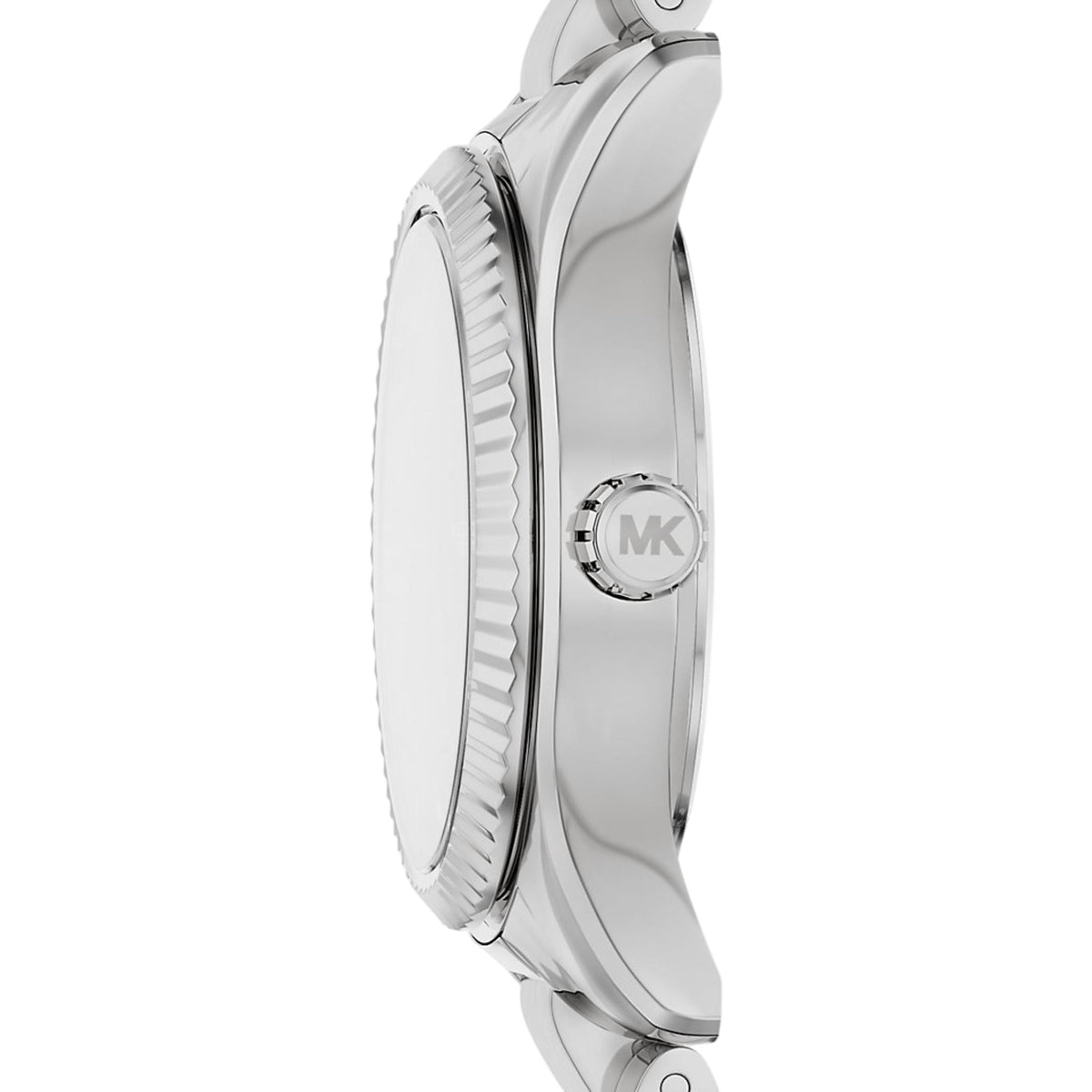 Michael Kors Lexington MK7580 side profile view showcasing the stainless steel case, fluted bezel, and logo-engraved crown