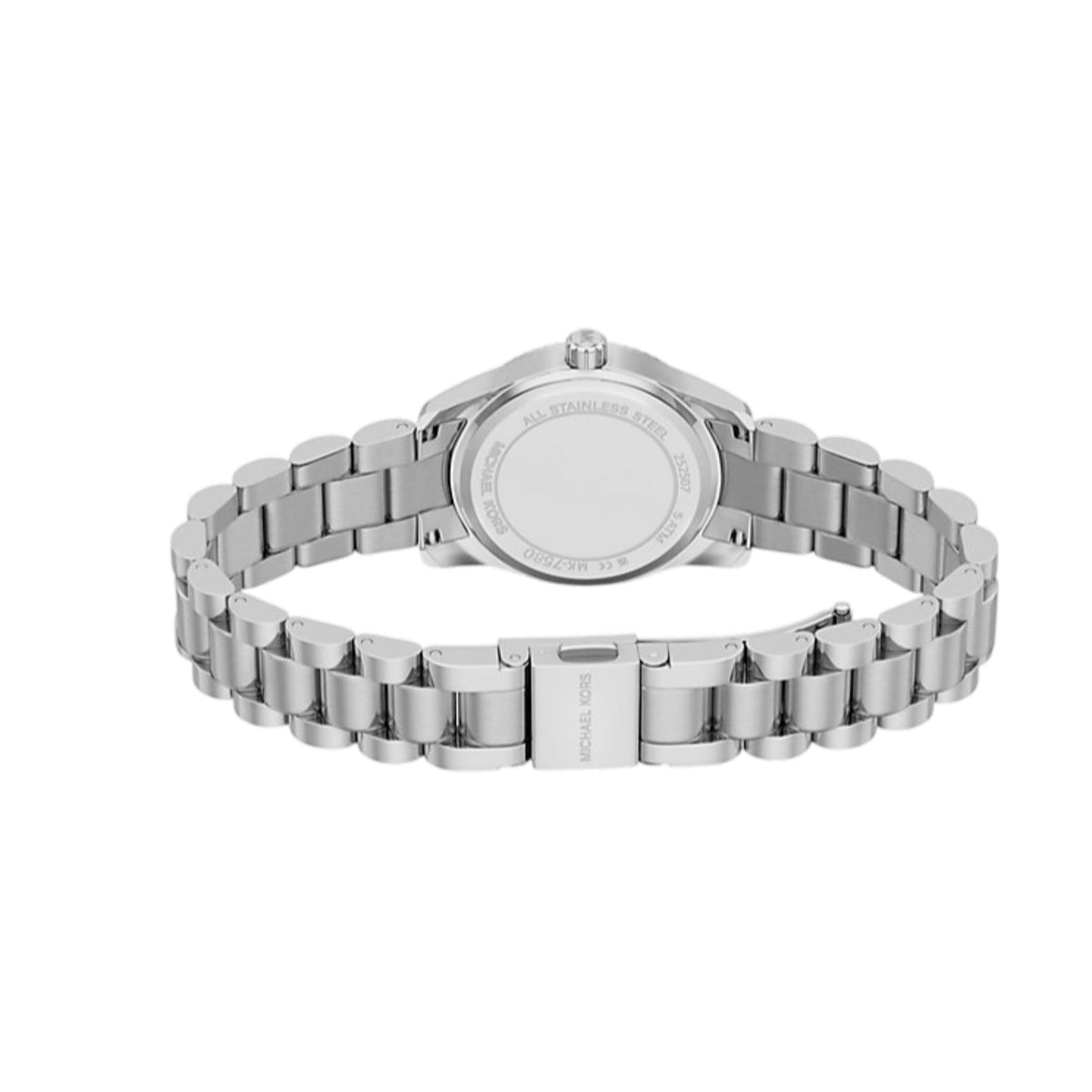 Michael Kors Lexington MK7580 reverse angled view detailing the case back and stainless steel bracelet construction