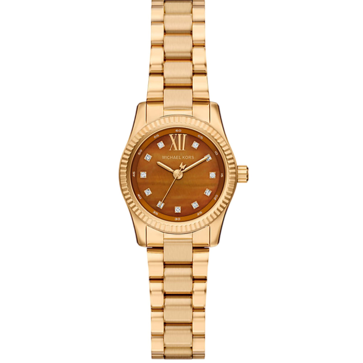 Michael Kors Lexington MK7578 ladies watch front view showing a brown dial, fluted bezel, and gold-tone steel bracelet