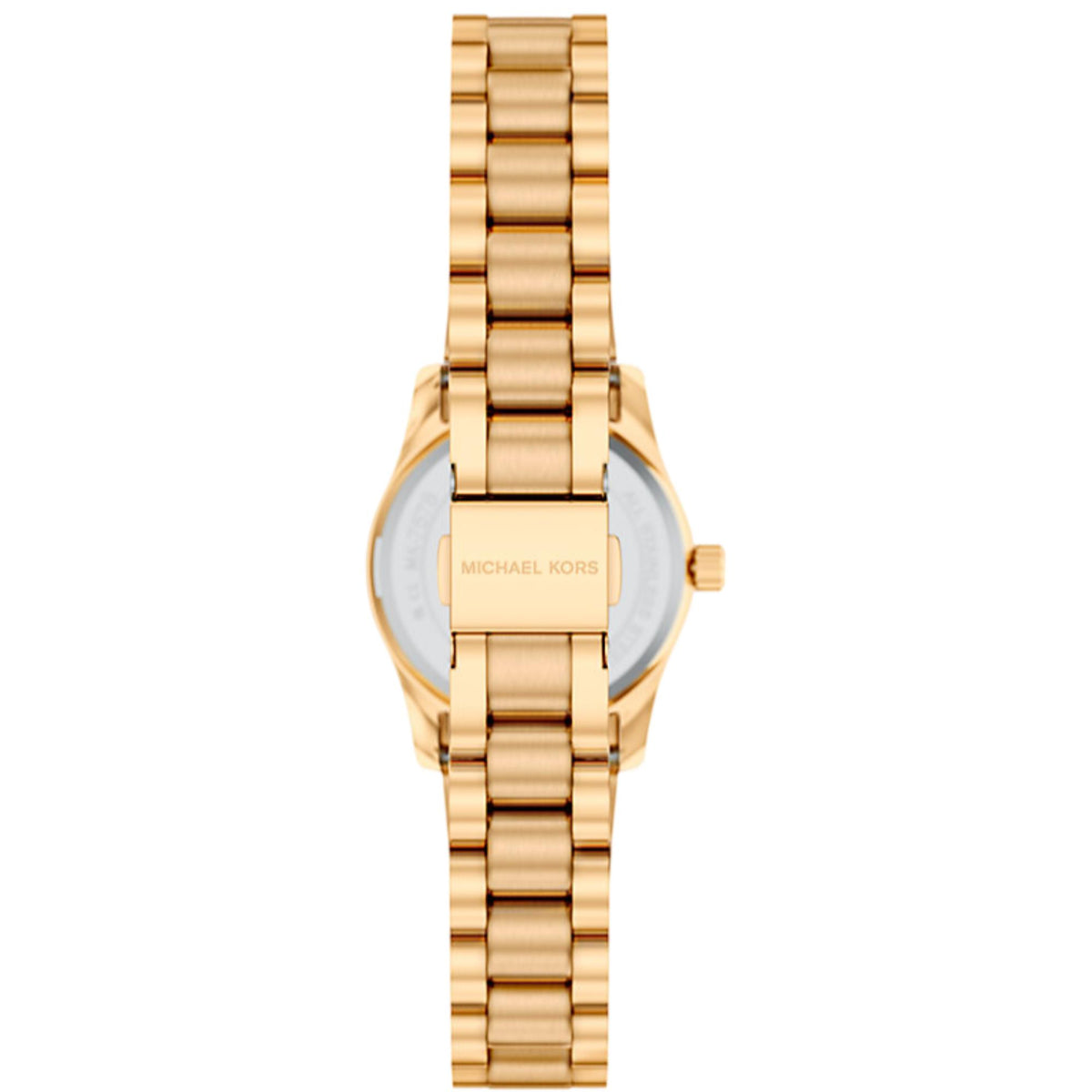 Michael Kors Lexington MK7578 rear view displaying the stainless steel case back and gold-tone bracelet with branded clasp