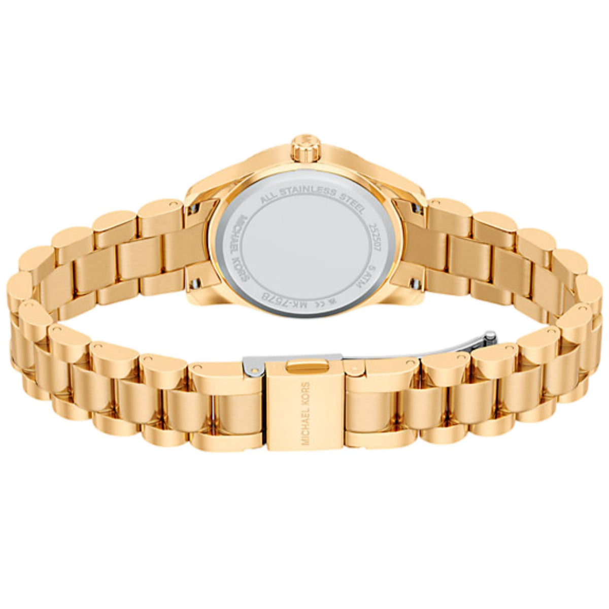 Michael Kors Lexington MK7578 reverse angled view revealing the case back and gold tone link bracelet construction
