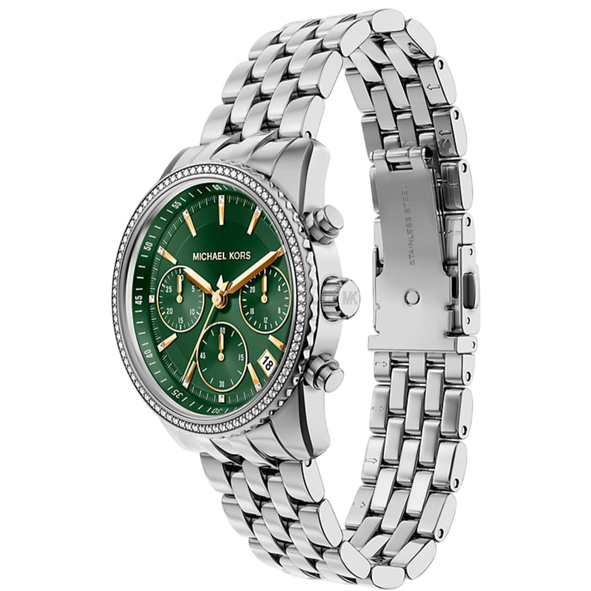 Michael Kors Bryant MK7583 three-quarter angle view showcasing the green sub-dials, pave set bezel, and open deployment clasp