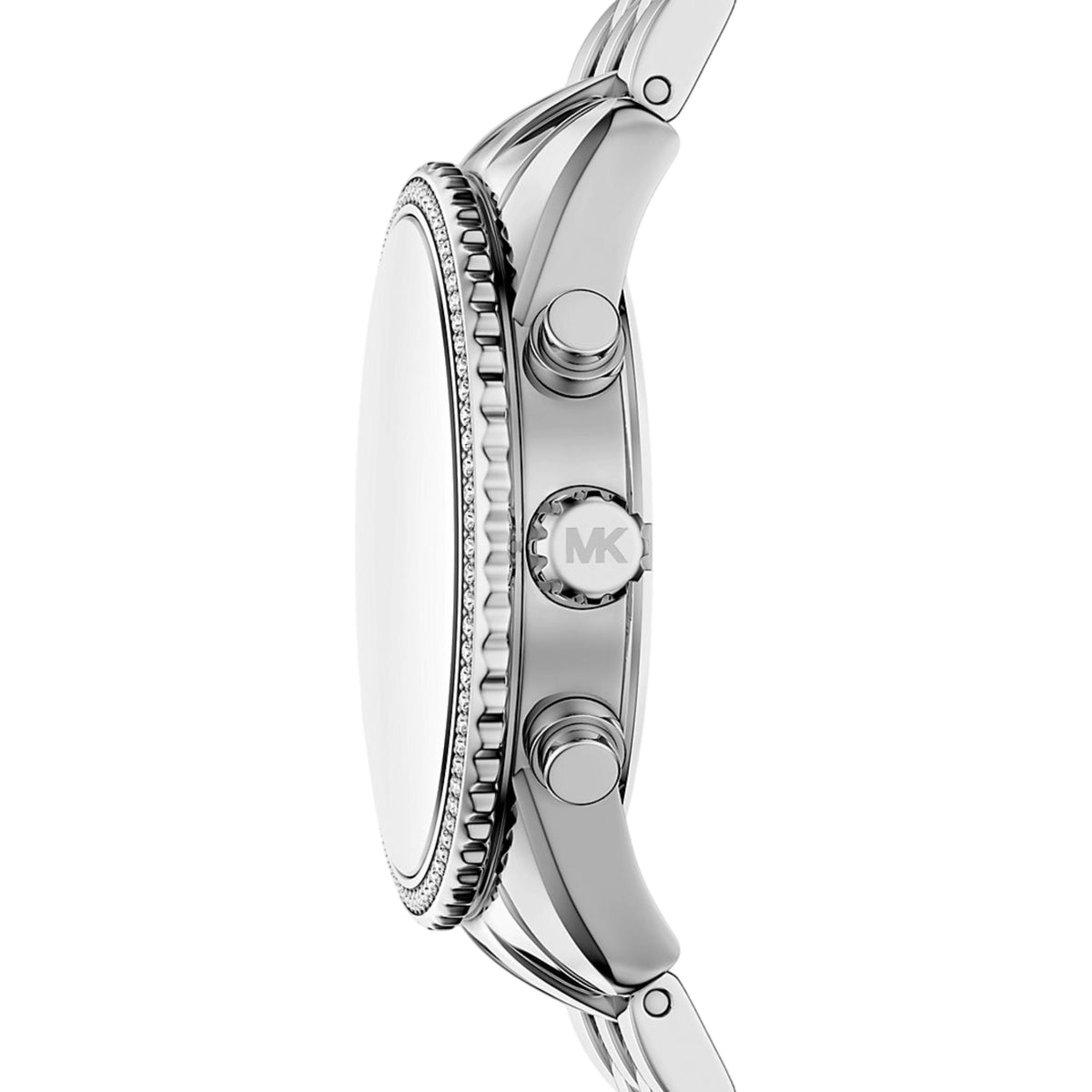 Michael Kors Bryant MK7583 side profile view highlighting the coin edge bezel, dual pushers, and MK-signed crown