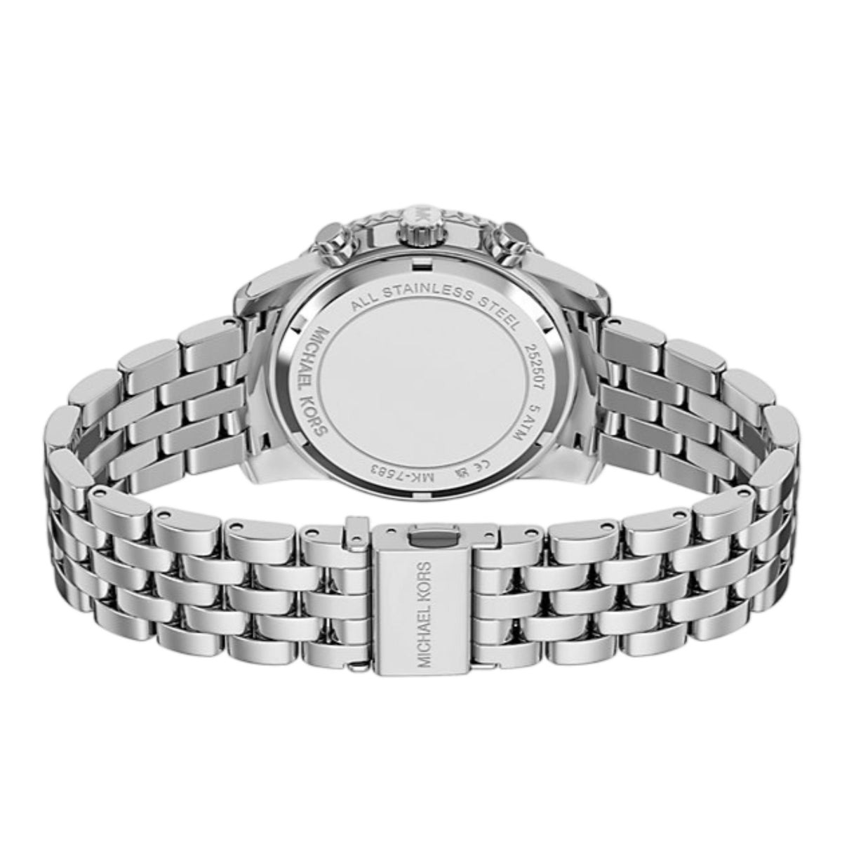Michael Kors Bryant MK7583 inner band perspective displaying the engraved steel case back and foldover bracelet closure
