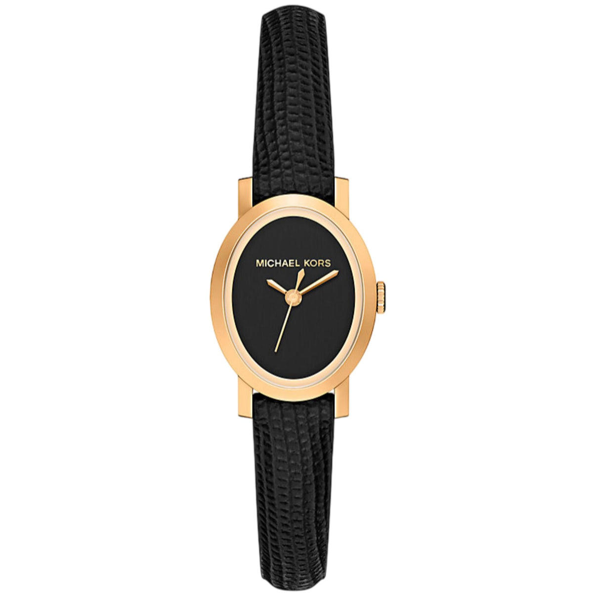 Women’s black dial watch with gold-tone case and embossed black leather strap