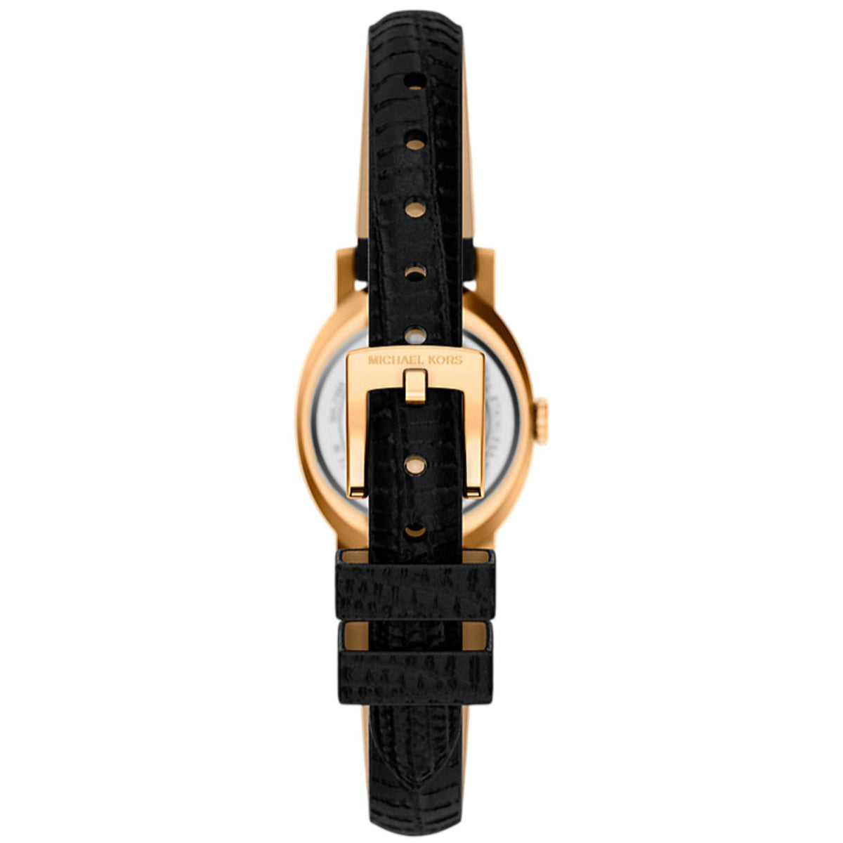 Women’s black leather strap watch with black dial and gold-tone crown