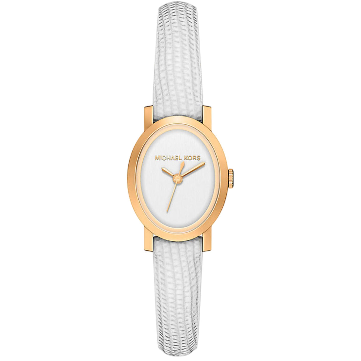 Gold-tone round ladies quartz watch with white dial and white leather strap