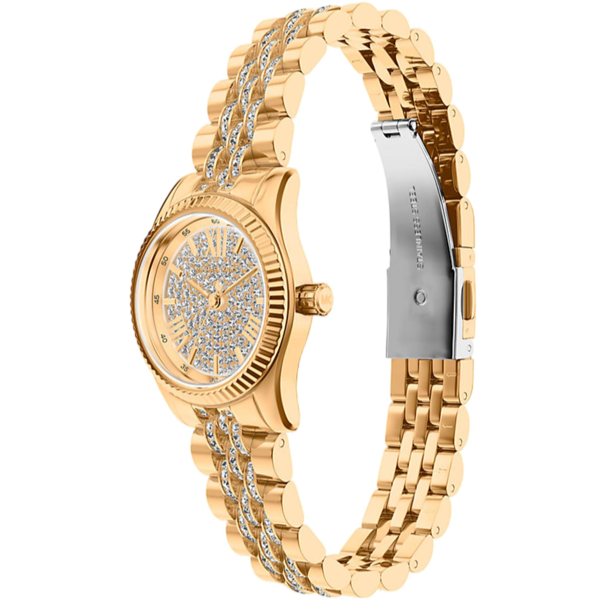 Michael Kors Lexington MK7575 three-quarter angle view featuring the pavé dial, gold-tone fluted bezel, and stone-set link bracelet