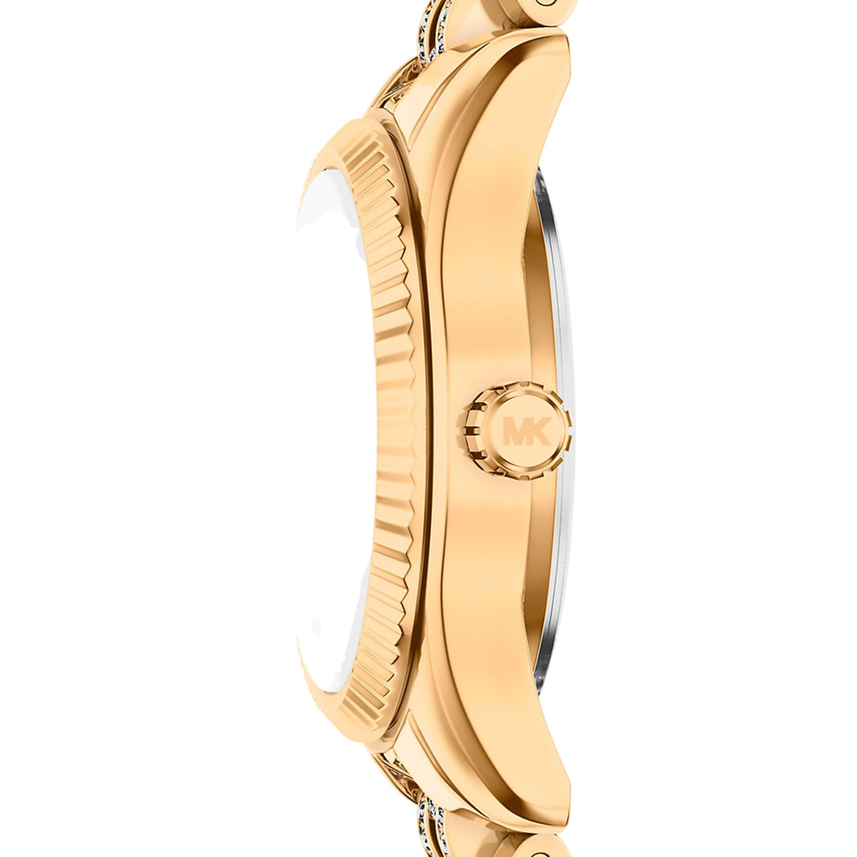 Michael Kors Lexington MK7575 side profile view showcasing the gold-tone case, fluted bezel, and logo-engraved crown