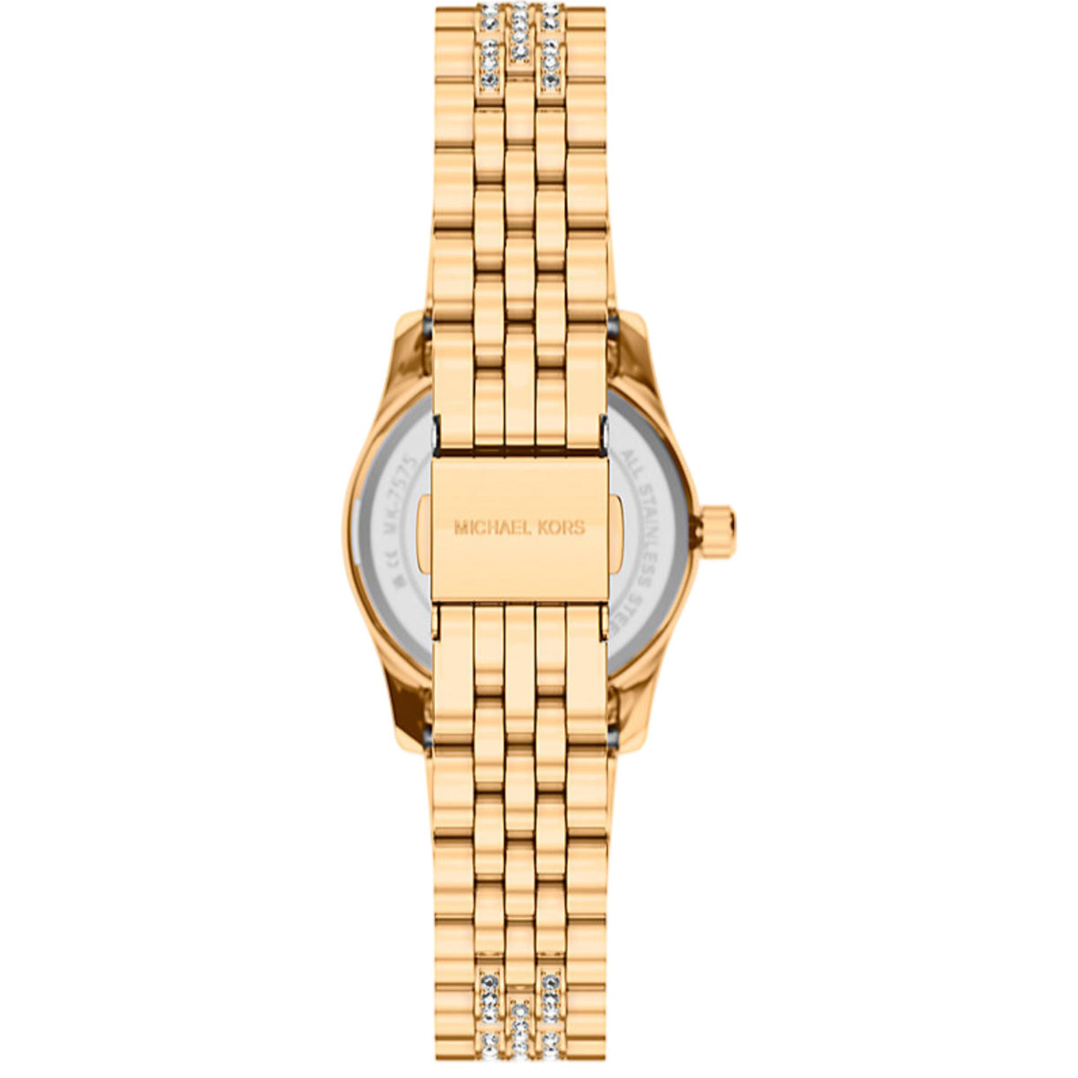 Michael Kors Lexington MK7575 rear view displaying the stainless steel case back and crystal-embellished gold-tone bracelet with branded clasp