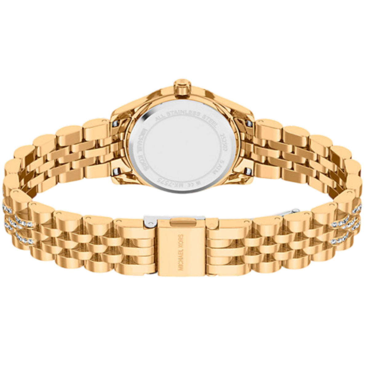 Michael Kors Lexington MK7575 reverse angled view revealing the case back and gold tone crystal set link bracelet construction