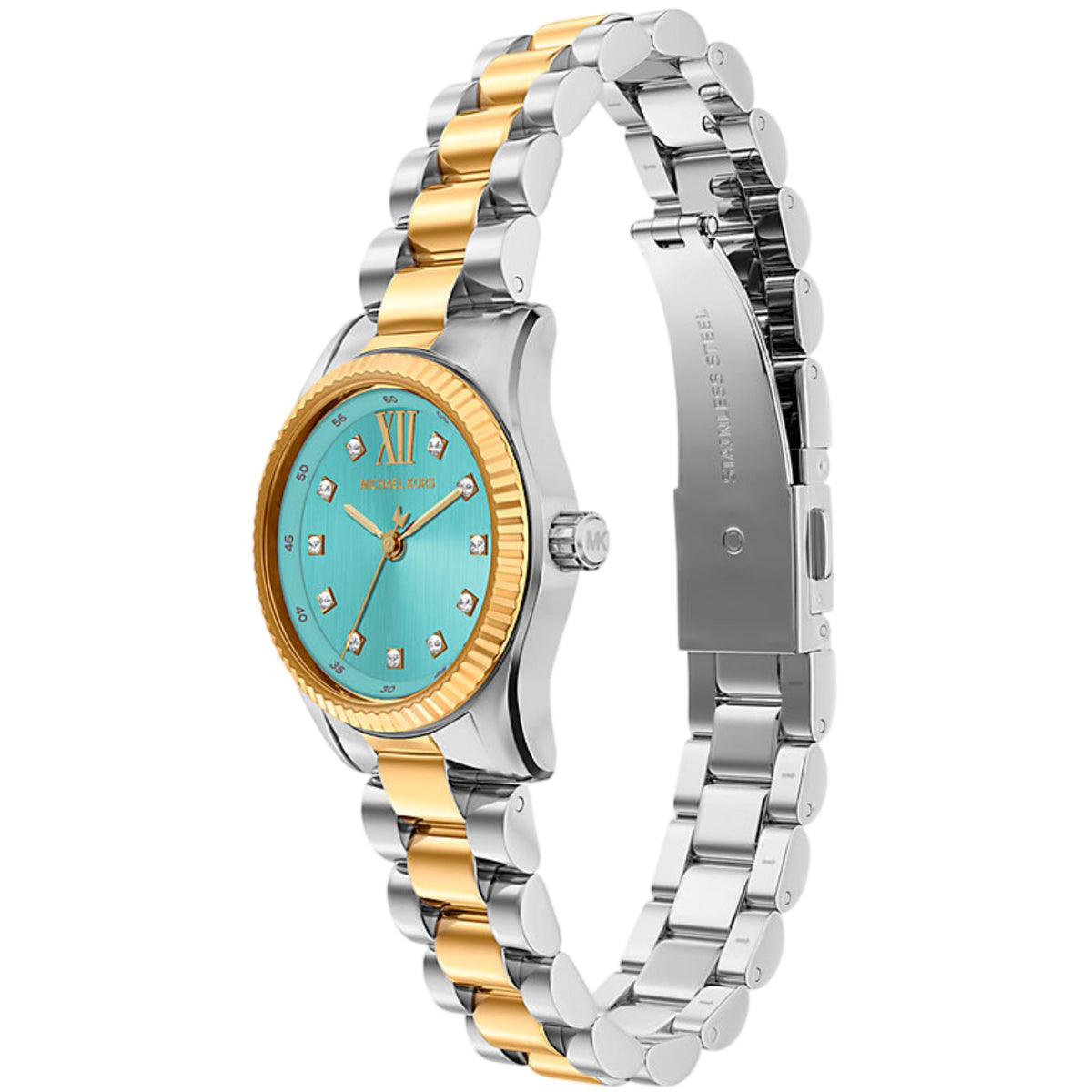Michael Kors Lexington MK7579 three-quarter angle view featuring the turquoise dial, gold-tone bezel, and two-tone stainless steel bracelet