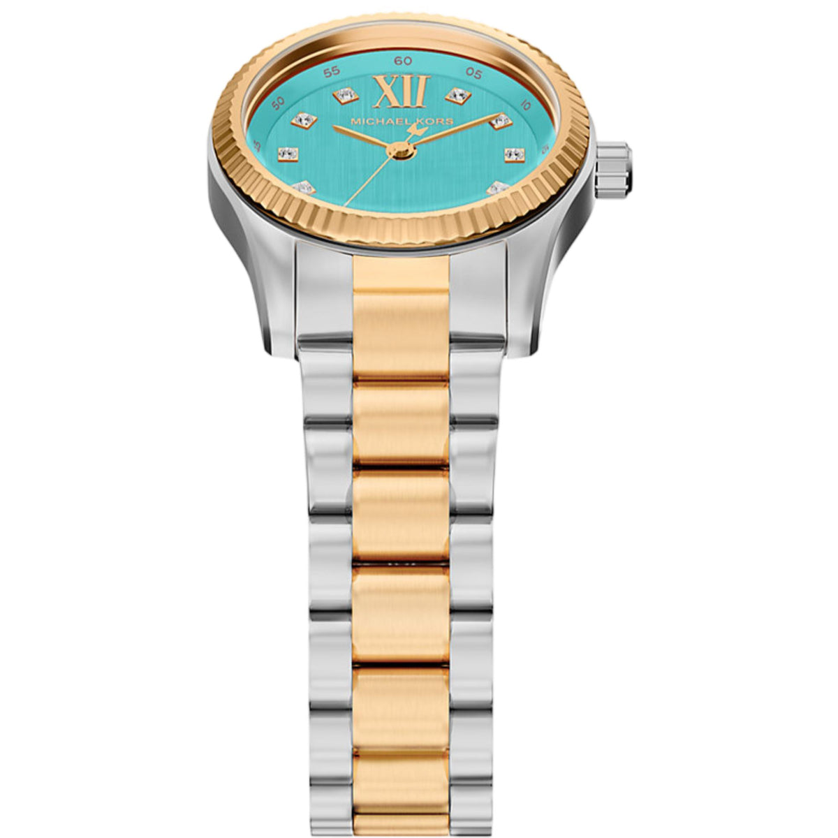 Michael Kors Lexington MK7579 angled top view showcasing the turquoise dial, gold fluted bezel, and two tone link bracelet