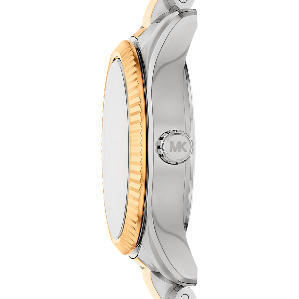 Michael Kors Lexington MK7579 side profile view highlighting the silver-tone case, gold bezel, and logo-engraved crown