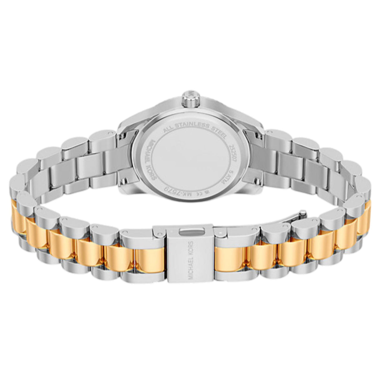 Michael Kors Petite Lexington MK7579 reverse angled view revealing the case back and gold and silver tone link bracelet construction