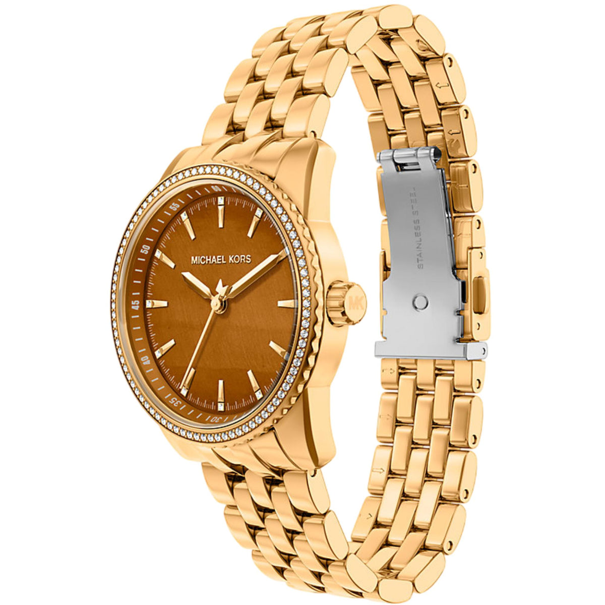 Michael Kors Bryant MK7581 three-quarter angle view showcasing the brown dial, pavé bezel, and open deployment clasp