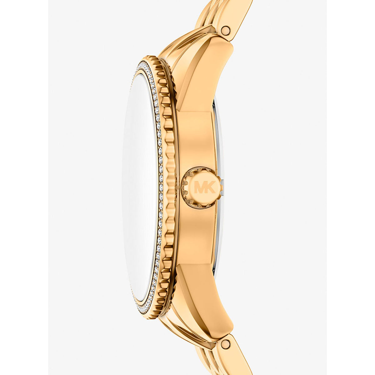 Michael Kors Bryant MK7581 side profile view highlighting the coin edge bezel, gold tone case, and MK signed crown