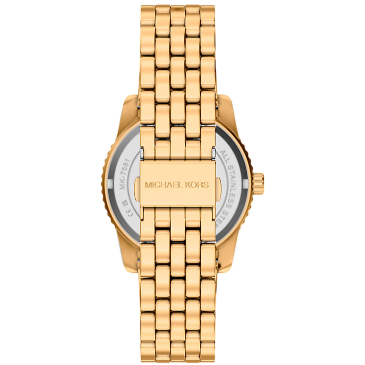 Michael Kors Bryant MK7581 rear view showing the branded folding clasp on the gold-tone stainless steel bracelet